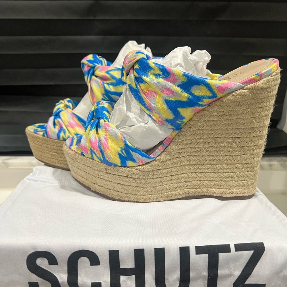SCHUTZ Blue and Pink Wedge Espadrilles with Cross-Strap Design